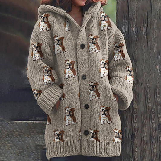 Comstylish Cute English Bulldog Applique Embroidery Art Cozy Hooded Cardigan Sweater