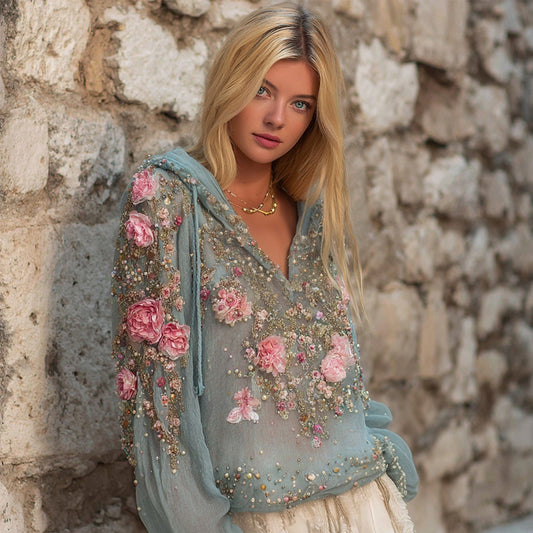Comstylish Vintage Boho Pink Flowers Embroidered Cozy Linen Hoodie