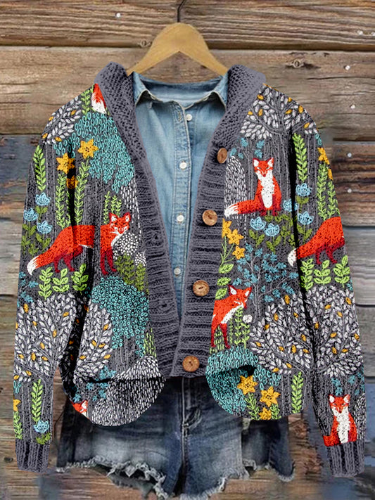 Fox in the Forest Graphic Comfy Hooded Cardigan artswardrobe