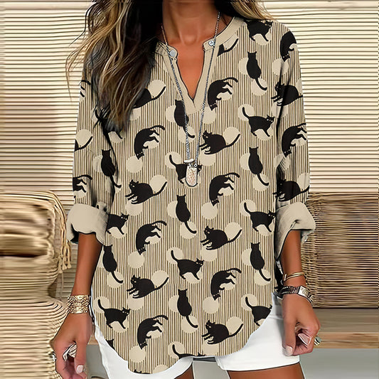 Comstylish Women's Vintage Striped Cat Art Print Shirt