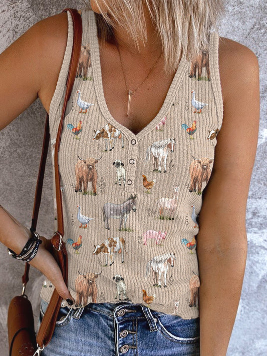 Farm Animals Print Casual Button Up Tank Top artswardrobe