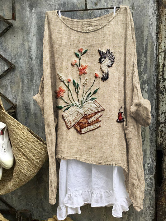Comstylish Vintage Bird & Books Floral Embroidered Linen Tunic