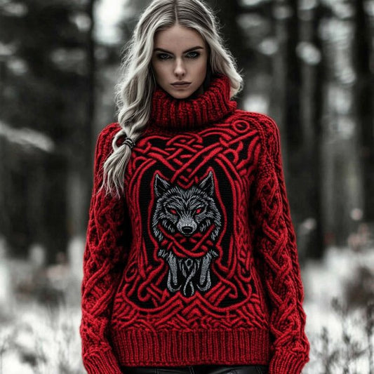 Women's Viking Wolf Knit Jacquard Turtleneck Sweater elevenforest