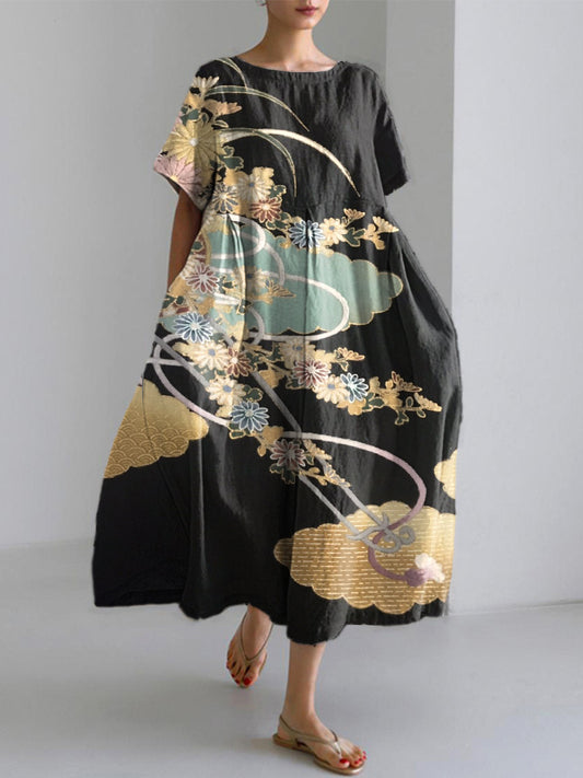 Comstylish Japanese Floral Traditional Pattern Print Linen Blend Dress