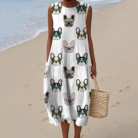 Comstylish Women's Retro French Bulldog Art Crew Neck Tank Midi Dress