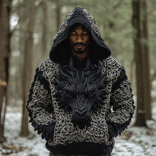Men's Viking-style Chain-linked Dragon Embroidery Dark Ancient Hooded Sweater artswardrobe
