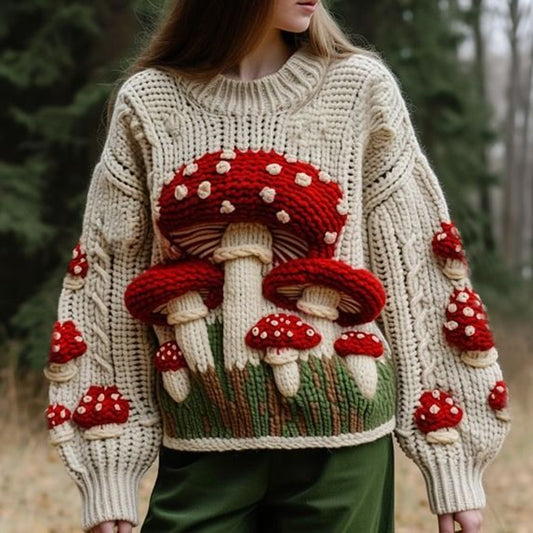 Comstylish Classic Vintage Mushroom Art Chunky Knitted Sweater