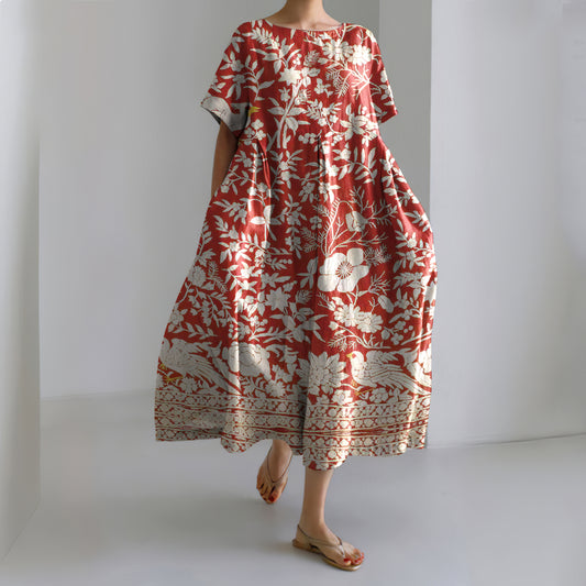 Comstylish Japanese Flower And Bird Art Print Crew Neck Linen Blend Midi Dress