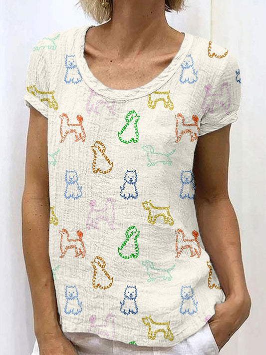 Comstylish Cute Colorful Dogs Pattern Cozy Linen T Shirt