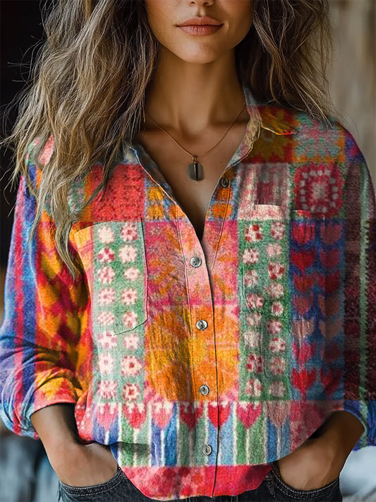 Women's Bright Colorful Patchwork Print Casual Long Sleeve Comfortable