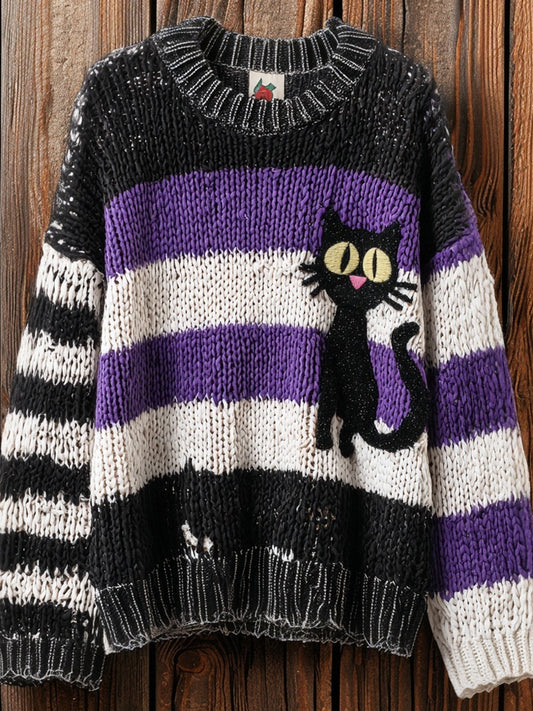 Halloween Black Cat Striped Cozy Knitted Sweater