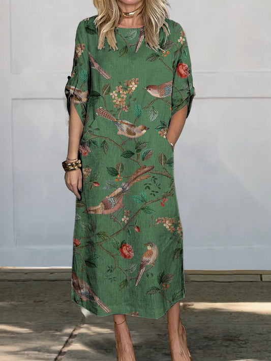 Vintage Style Finch Birds And Bough Pattern Printed Women's Comfortable Linen Pocket Dress