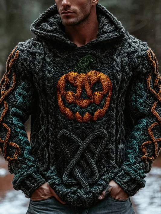 Viking Halloween Pumpkin Light Celtic Knot Men's Chunky Knit Hooded Sweater artswardrobe