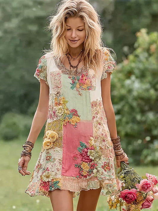 Boho Floral Patchwork Women's Round Neck Short Sleeve Mini Dress artswardrobe