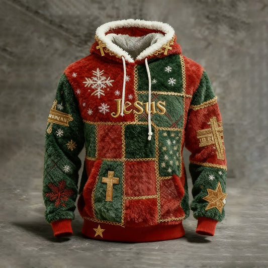 Comstylish Men's Vintage Christmas Jesus Patchwork Art Print Plush Warm Hoodie