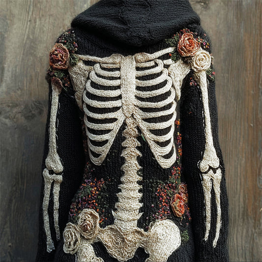 Comstylish Vintage Skeleton Anatomy Floral Hooded Cozy Knit Sweater