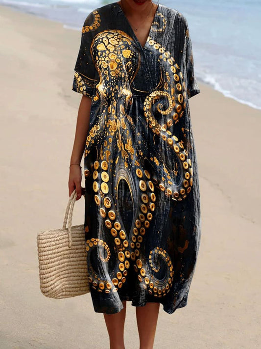 Women's Vintage Octopus Art Print Casual Midi Dress