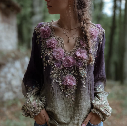 Comstylish Bohemian Style Round Neck Long Sleeve 3d Purple Flower Design Cotton And Linen Top For Women