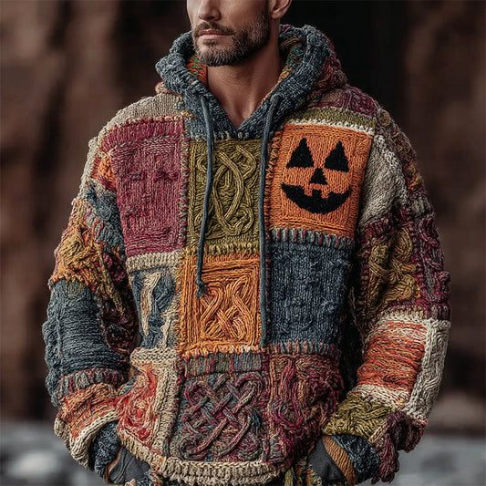 Halloween Pumpkin Face Geometric Patchwork Men's Chunky Knit Hooded Sweater artswardrobe