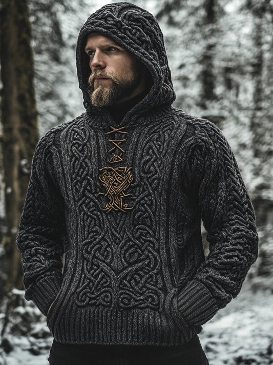 Men's Viking Inspired Celtic Jacquard Retro Hooded Sweater elevenforest