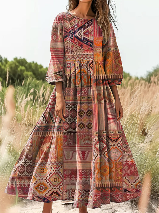Women's Vintage Ethnic Floral Art Print Flowy Cotton Crew Neck Dress