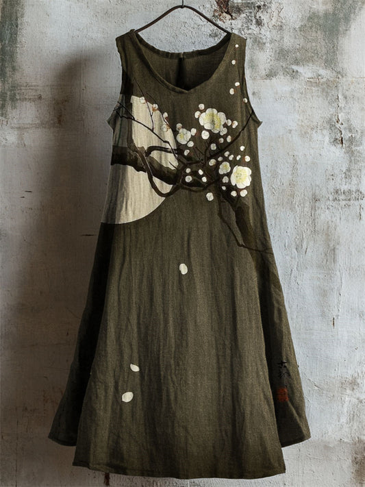 Plum Blossom Full Moon Japanese Linen Tank Dress artswardrobe