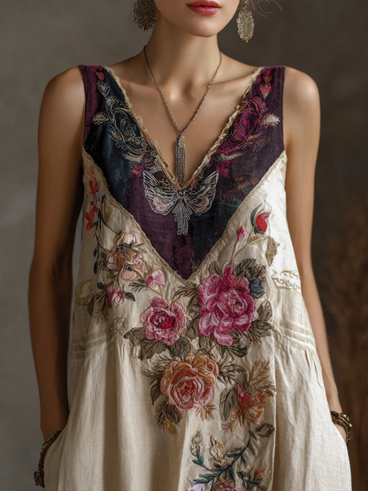 Comstylish Bohemian Style Plant Flower And Butterfly Embroidery Pattern Women's Cotton And Linen Sleeveless V-neck Dress