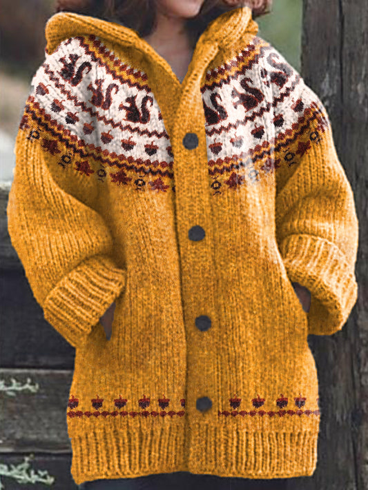 Fall Squirrel Maple Leaf Pattern Cozy Knit Hooded Cardigan artswardrobe
