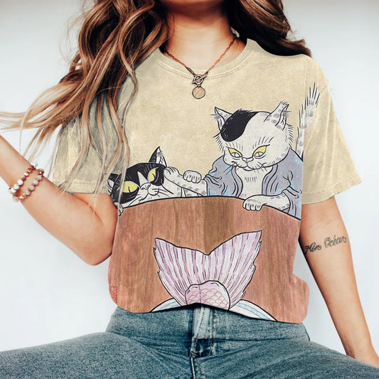 Japanese Art Cat Print Round Neck Casual T-Shirt elevenforest