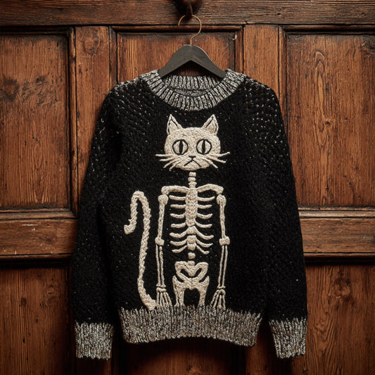Comstylish Women Halloween Cat Skull Art Making Old Round Neck Sweater