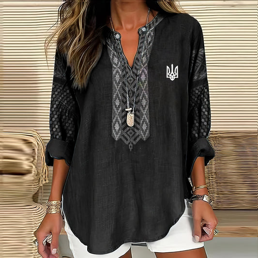 Comstylish Women's Ukraine Ethnic Art Print V-neck Linen Blend Shirt