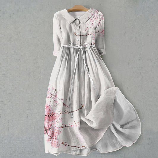 Comstylish Retro Sakura Bloom Graphics Print Lace-Up Dress