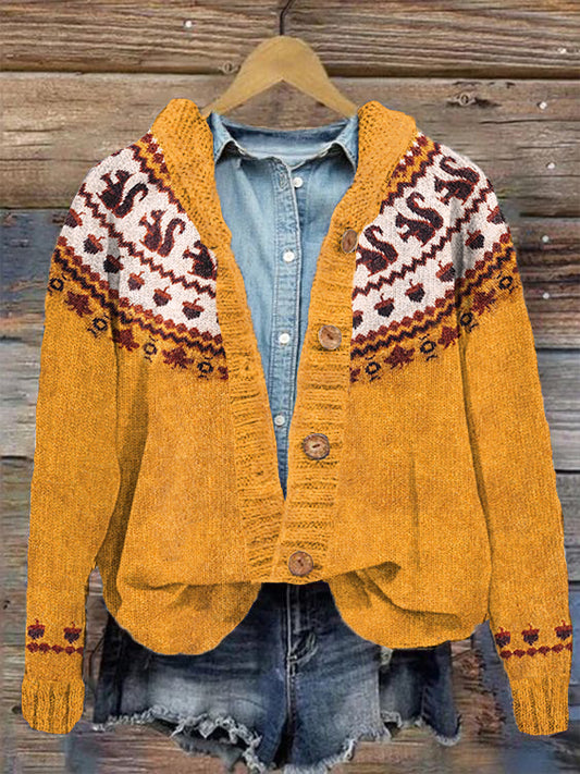 Fall Squirrel Maple Leaf Pattern Cozy Knit Cardigan artswardrobe