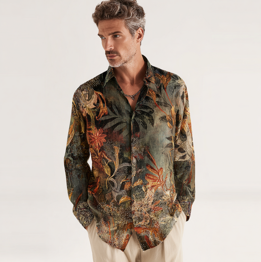 Bohemian Style Plant And Flower Pattern Men's Retro Cotton And Linen Shirt artswardrobe