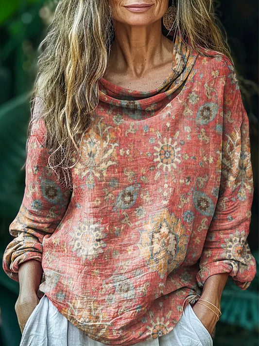 Women's Retro Ethnic Totem Art Print Casual Stacked Lapel Long Sleeve 
