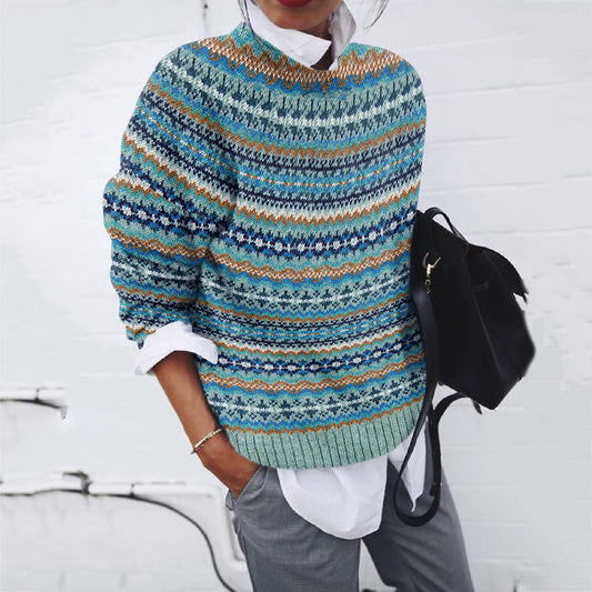 Vintage Geometric Jacquard Pattern Crew Neck Sweater elevenforest