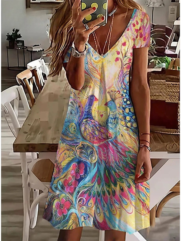 KS | Women's Sundress Midi Dress Short Sleeve Floral Print Summer Casual V Neck Loose Dresses Plus Size 2024 Women's Clothing Vestidos