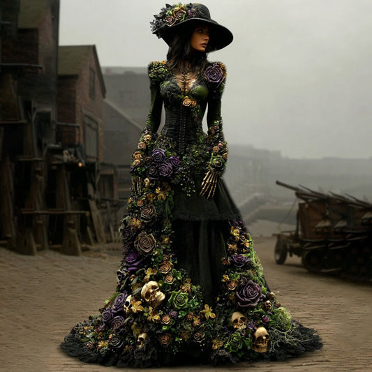 Comstylish Vintage Halloween Floral & Skull Linen Maxi Dress