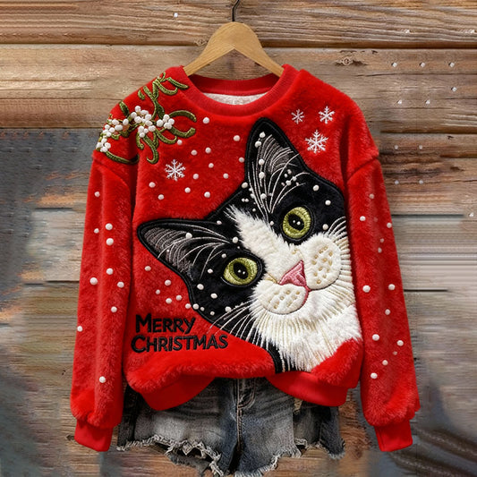 Women's Christmas Cat Embroidery Art Comfort Plush Sweatshirt elevenforest