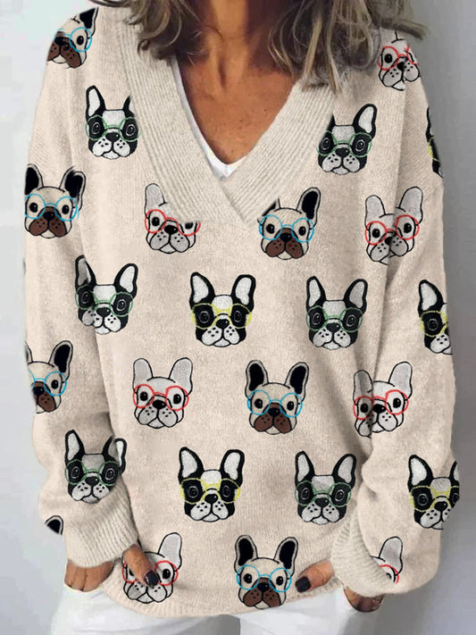 Comstylish Funny Dogs With Glasses Print Women's V-Neck Sweater