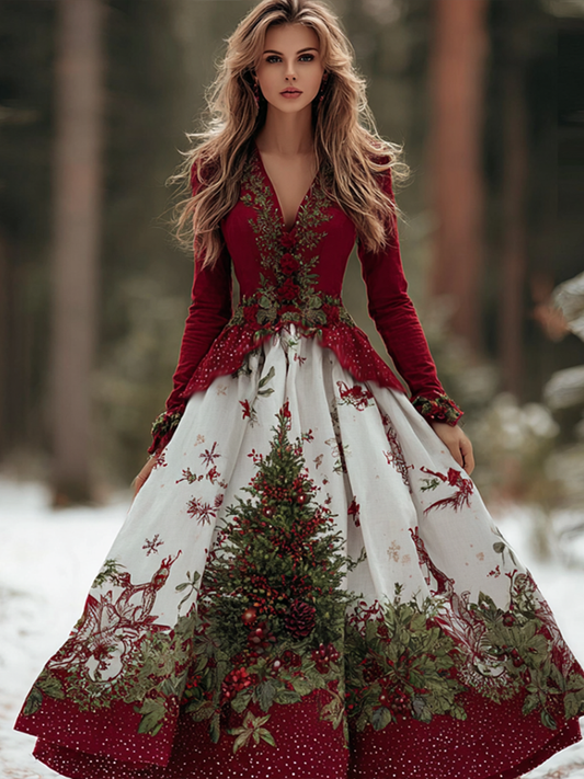 Comstylish Women's Christmas V-neck Cotton And Linen Long Dress
