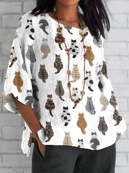 Women's Cute Cats Embroidery Print Round Neck Short Sleeve T-Shirt artswardrobe