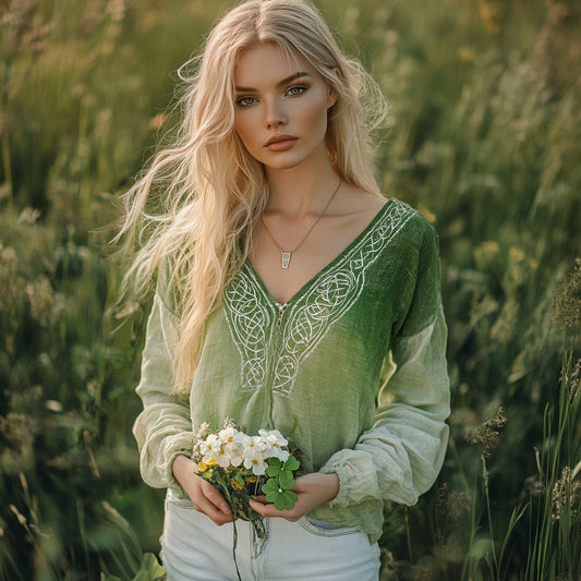 Women's St. Patrick's Celtic Knot Blend Linen V-neck Shirt artswardrobe