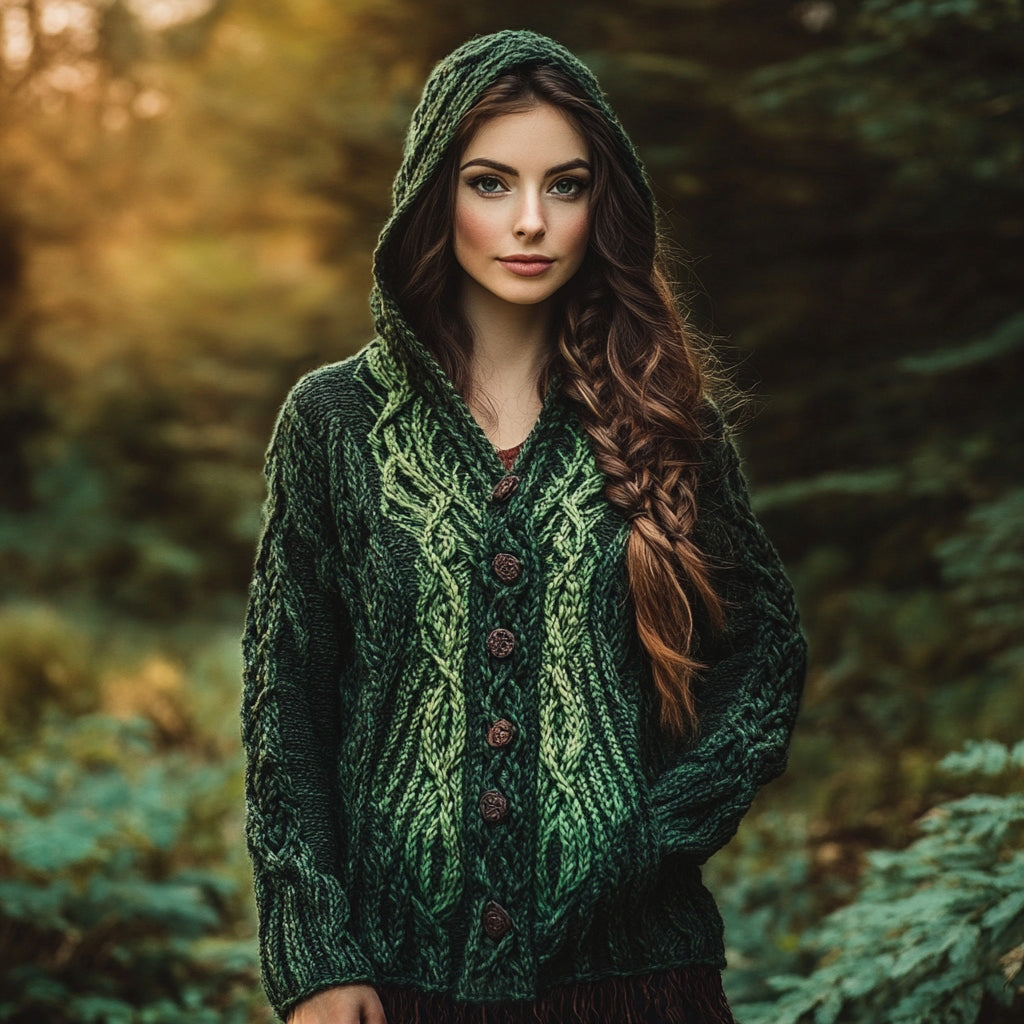 Women's Celtic Knotted Contrast Gradient Button Hooded Pocket Sweater artswardrobe