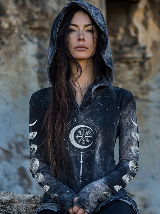 Comstylish Viking Vegvisir Moon Phase Mystical Handmade Hoodie