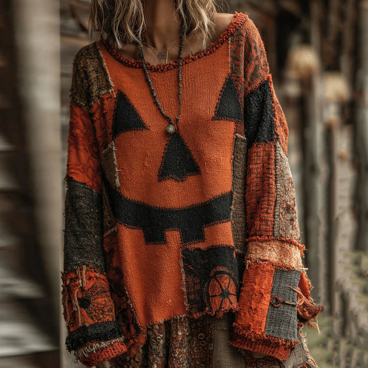 Comstylish Halloween Pumpkin Face Art Cozy Knit Sweater