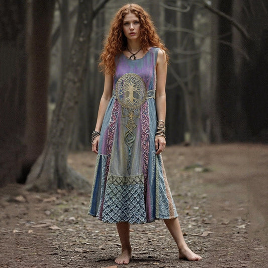 Vintage Tribal Life Of Tree Patchwork Art Linen Tank Dress artswardrobe