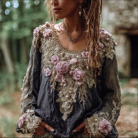 Comstylish Bohemian Style Round Neck Long Sleeve 3d Purple Flower Design Cotton And Linen Top For Women