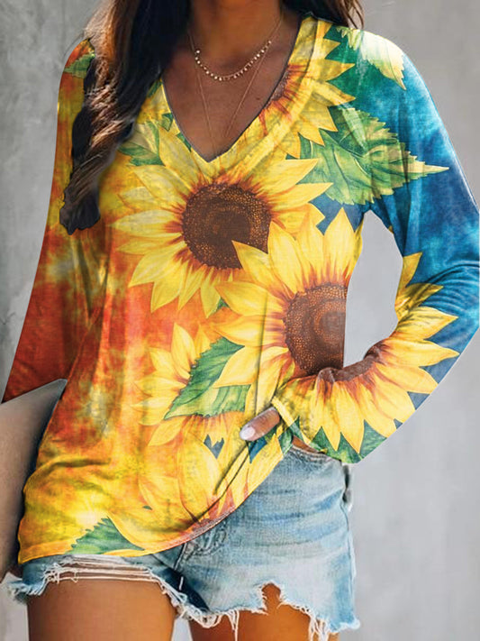 Women's Vintage Bohemian Sunfloral Art Print Casual V Neck Long Sleeve