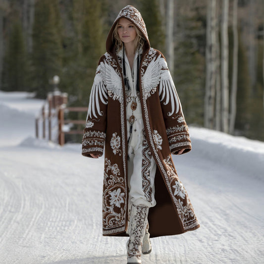 Comstylish Women's Retro Celtic Style Wings And Botanical Pattern Comfortable Hooded Cardigan Sweater